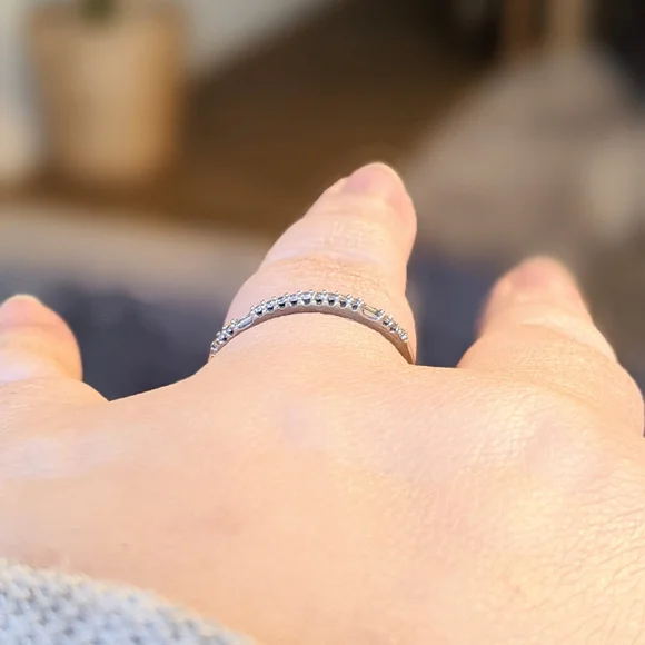 10K White Gold Round And Emerald Cut Diamond Half Eternity Ring - Picture 8 of 12